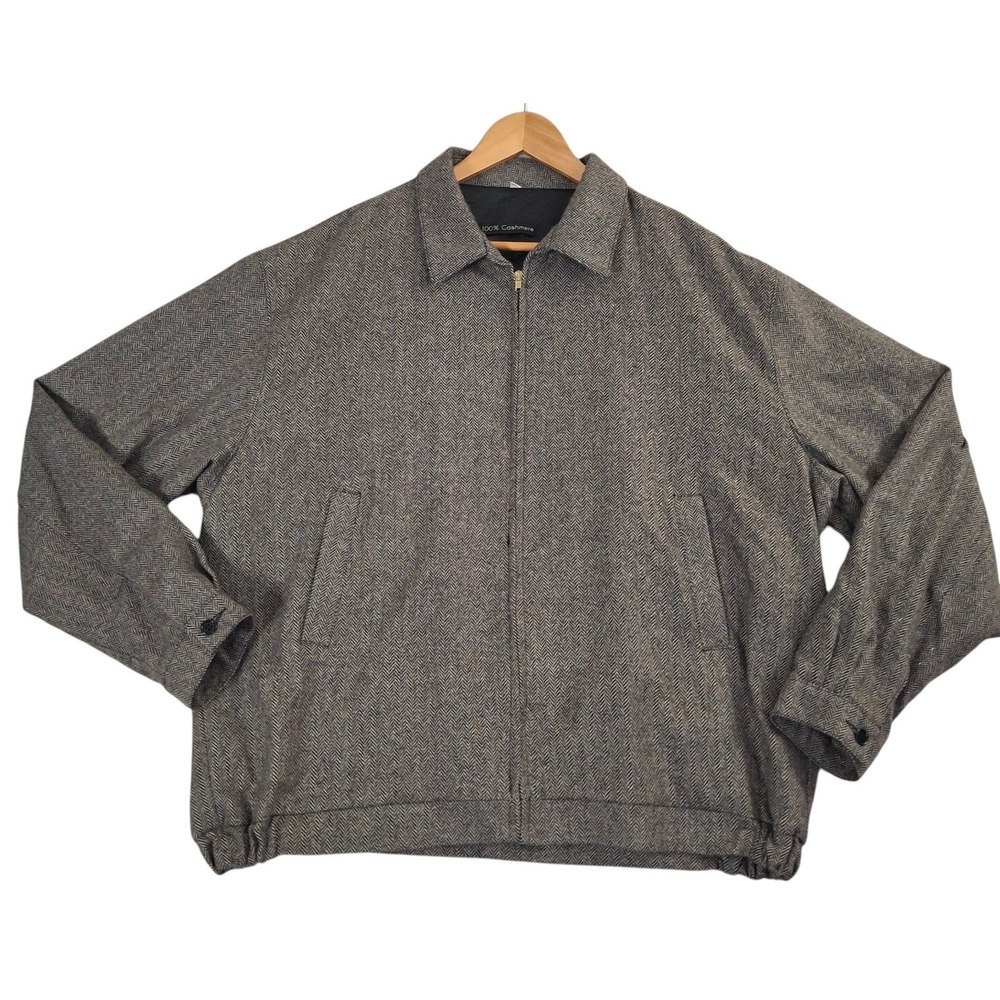 Vintage 80s Bullock & Jones 100% Cashmere Herringbone Bomber Jacket Mens XL Gray